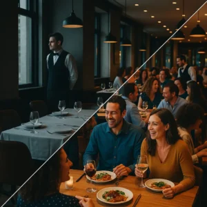 Mesa vacía por no-show en restaurante y restaurante lleno de clientes gracias a reservas confirmadas